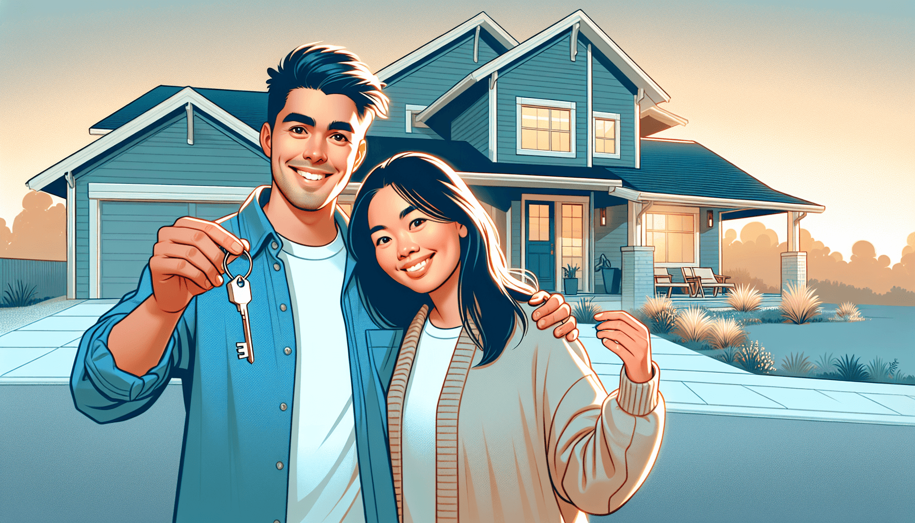 Young couple standing in front of their new home holding a key