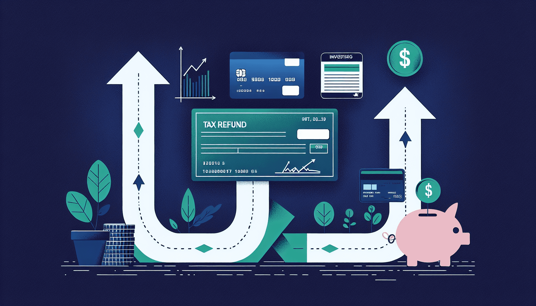 Tax refund check being allocated strategically to savings, debt payoff, and investing