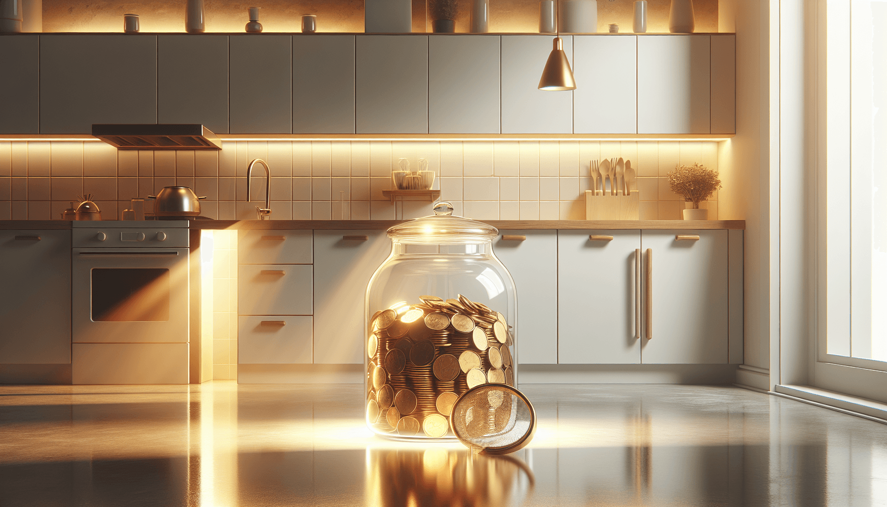 A glass jar filled with coins and a safety net on a kitchen table